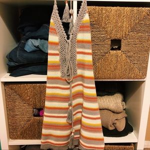 Crochet striped mini halter dress w/ open back
